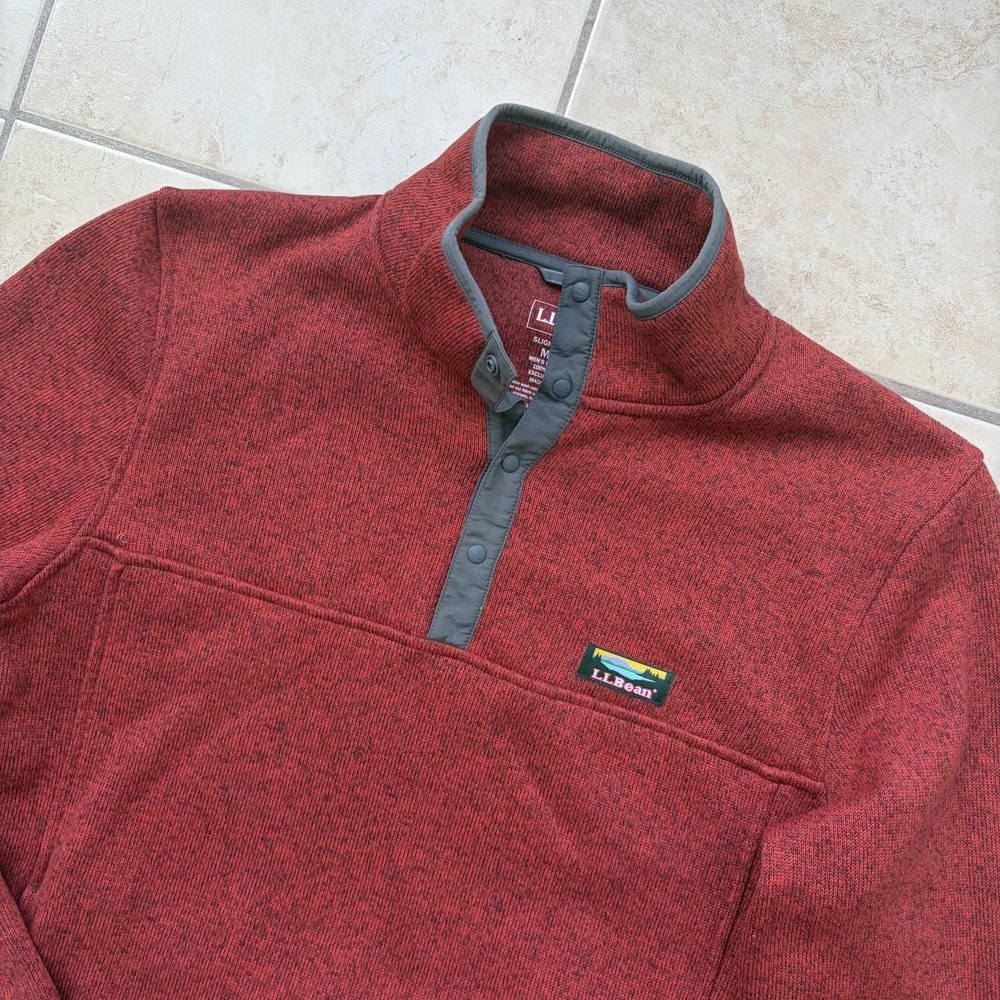 LL Bean Sweater Mens Medium Red Orange Fleece Snap T Pullover Outdoor Preppy - Picture 2 of 7